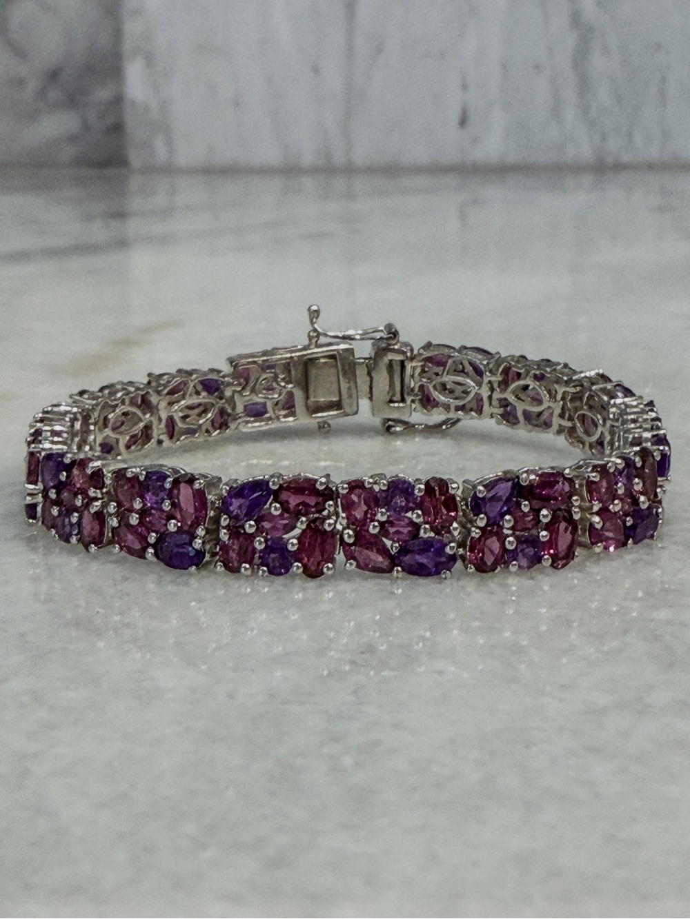 Orissa Rhodolite Garnet & Amethyst Floral Sterling Silver Wide 6.50” Bracelet - Picture 8 of 15